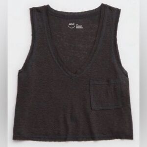 Aerie Breezy Linen V-Neck Pocket Tank Top Shirt - Smoked Grey - Large
